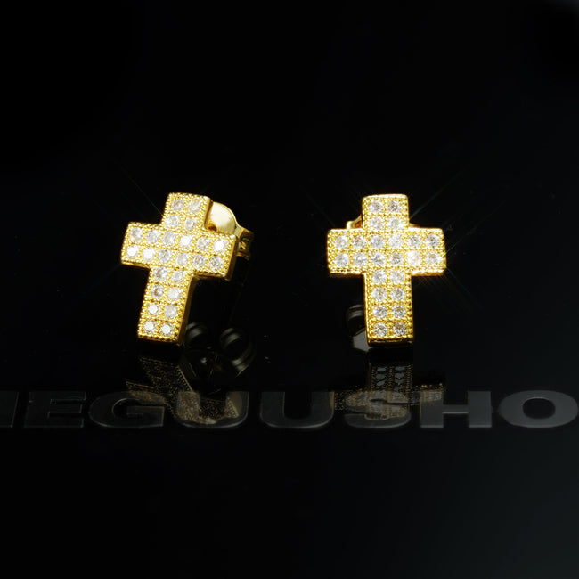 Gold-Plated CZ Cross Hip Hop Stud Earring Hover Image