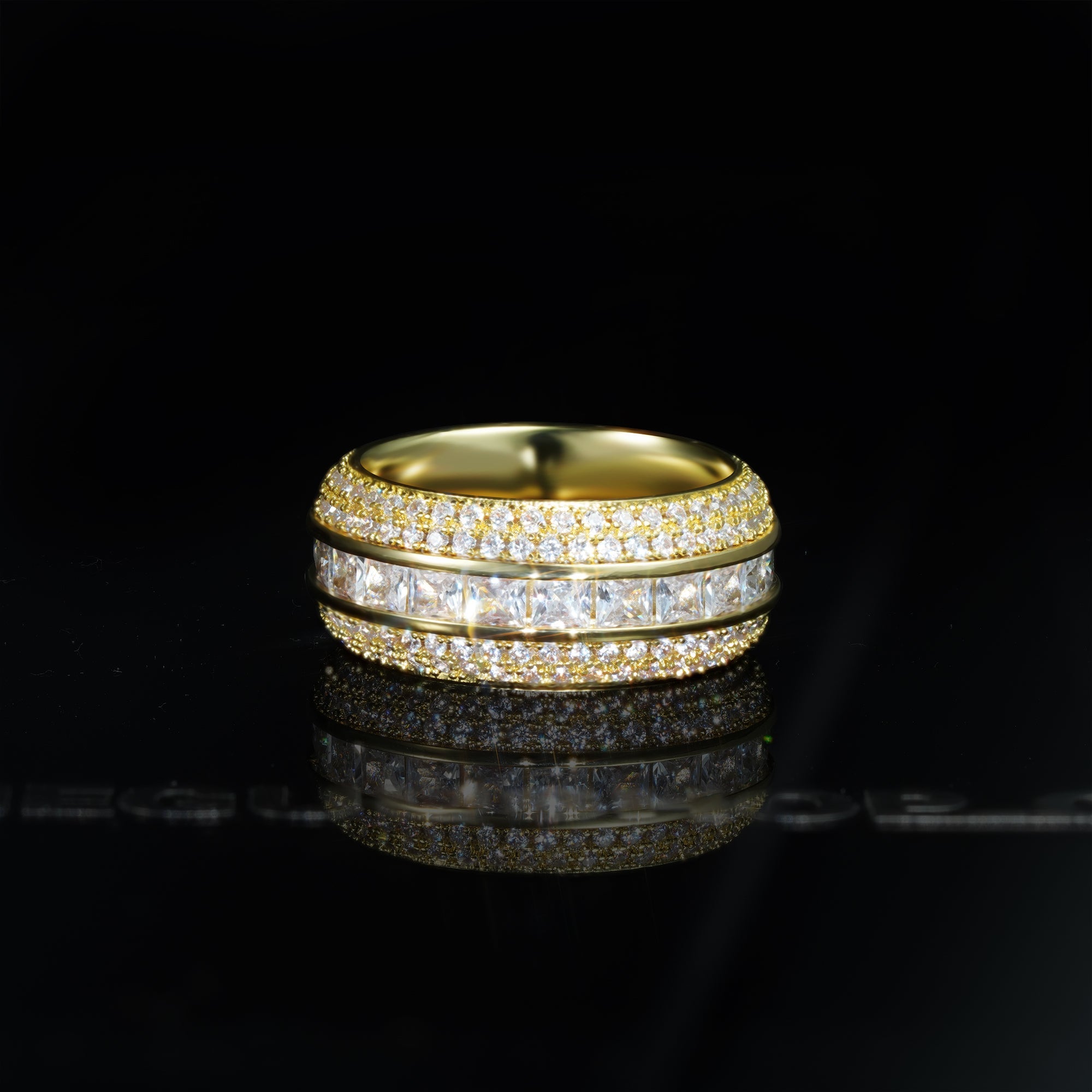 Iced  AAA CZ  18K Yellow Gold-Plated  Five Rows  Hollow Ring