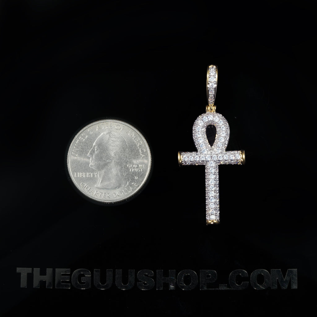 Iced 18K Yellow Gold-Plated  Iced  AAA CZ 18mm  Ankh Gold-Plated And Silver Pendant & Cuban Link Chain
