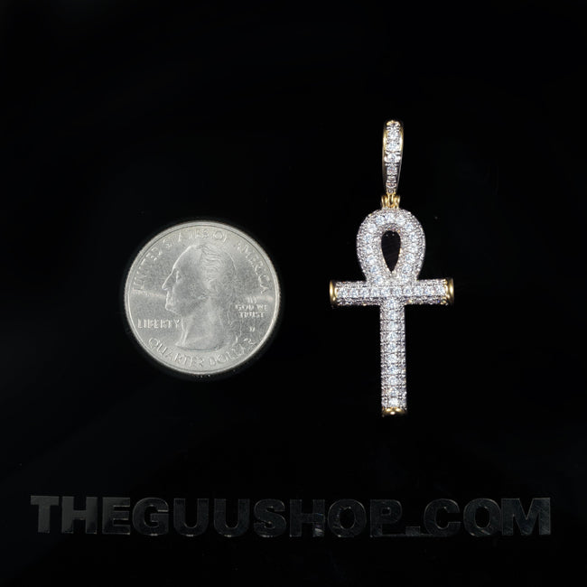 Iced 18K Yellow Gold-Plated  Iced  AAA CZ 18mm  Ankh Gold-Plated And Silver Pendant & Cuban Link Chain Main Image