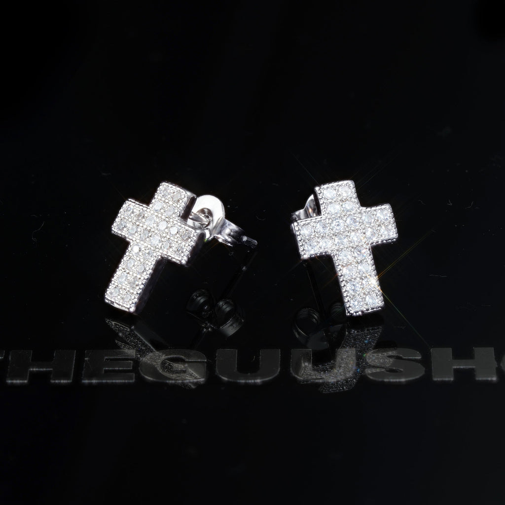 Gold-Plated CZ Cross Hip Hop Stud Earring