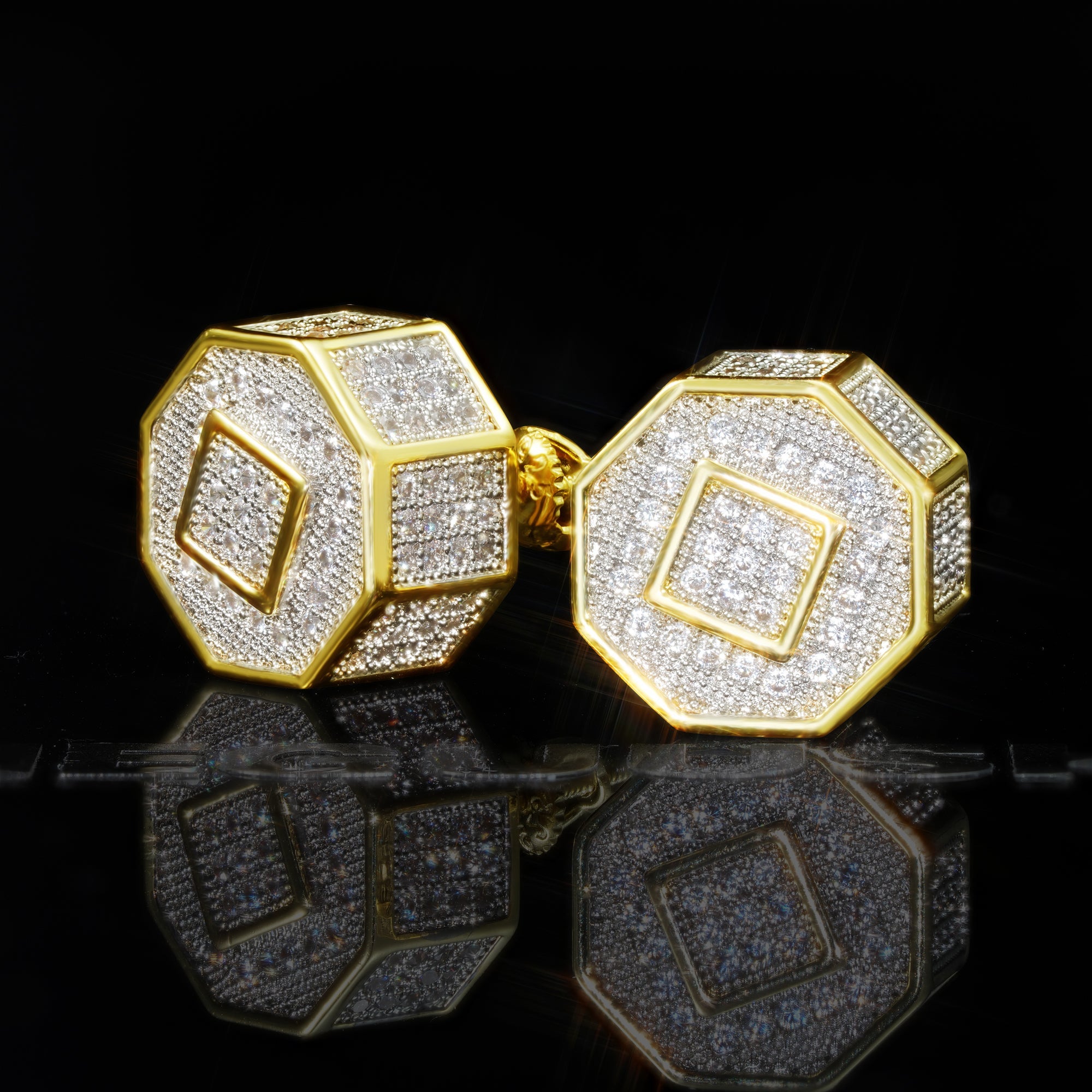 Two-tone Iced  Yellow Gold-Plated  CZ Earrings (12mm)