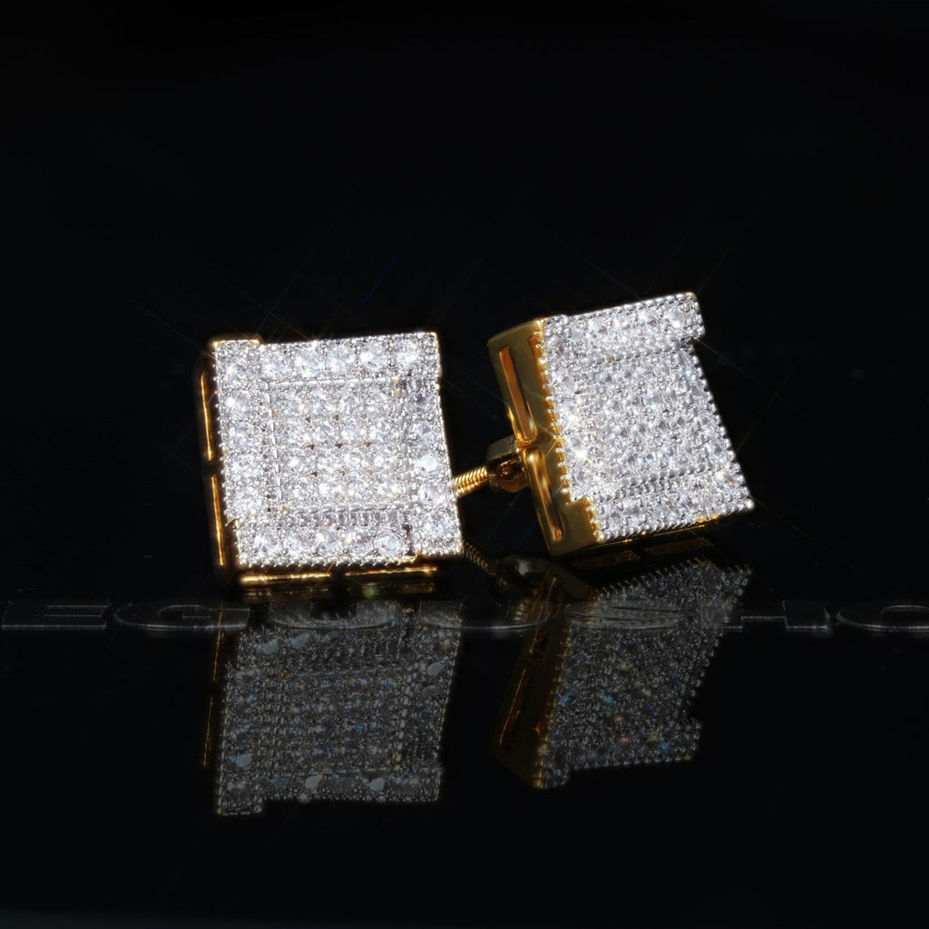 Iced Gold-Plated CZ  Two-tone Square Ring Ladder Hip Hop Stud Earring