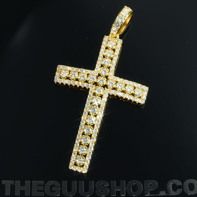35mm  Iced Yellow Gold-Plated CZ Cross Pendant Hover Image