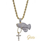 Iced Two-tone Prayer Gesture Cross Hip Hop Pendant Jewelry