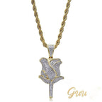 30mm  Iced Gold-Plated CZ  Rose Pendant & Cuban Link Chain
