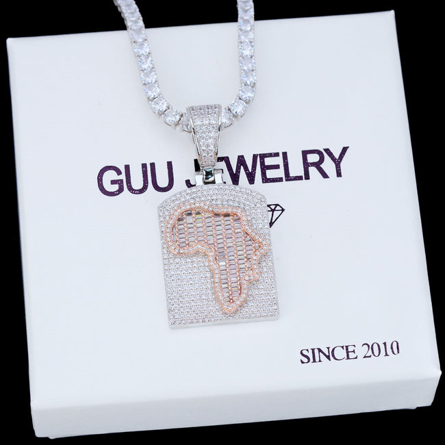 Africa Map Shape Two Layer Baguette Iced Necklace Hover Image