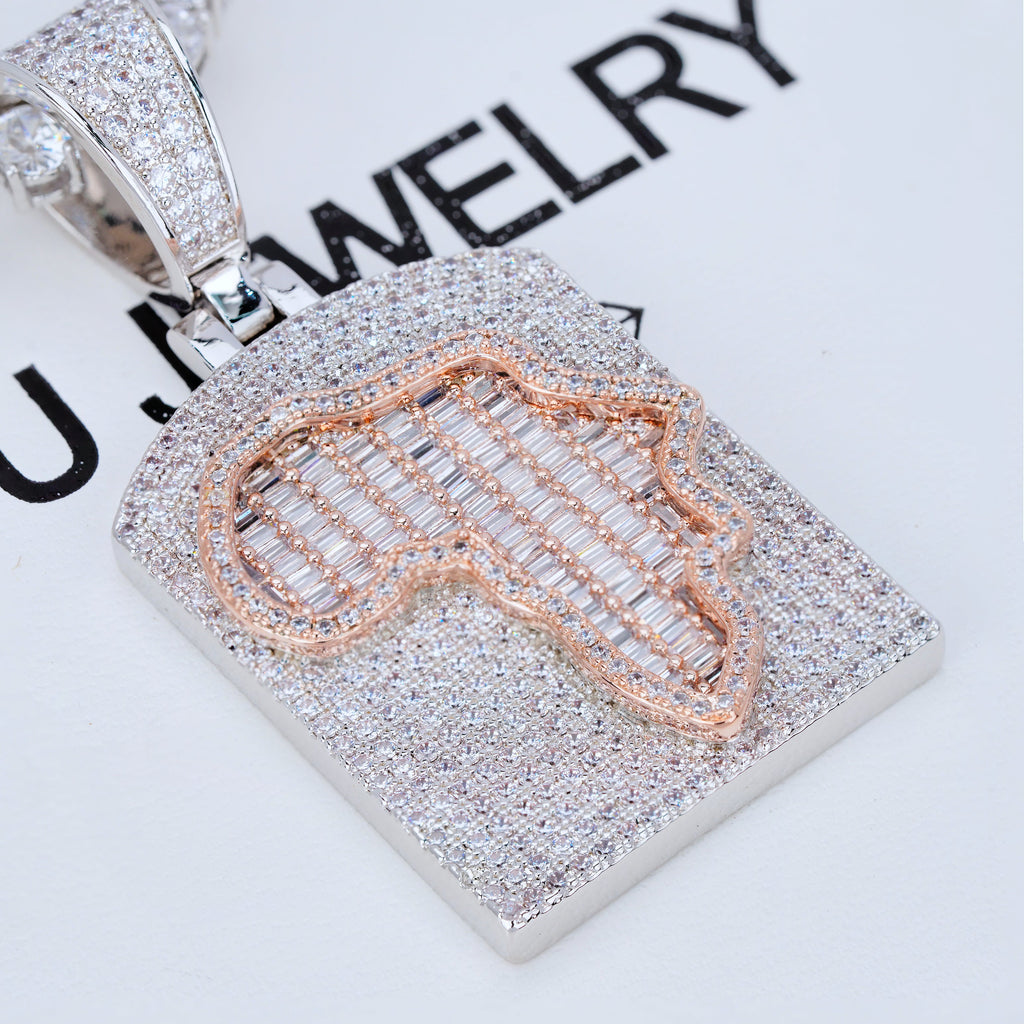 Africa Map Shape Two Layer Baguette Iced Necklace