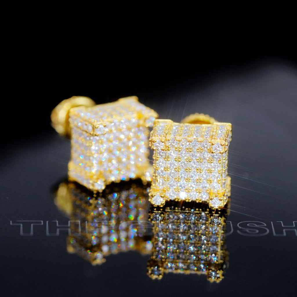 925s VVS Moissanite Iced 3D Cube Earrings In 18K Gold