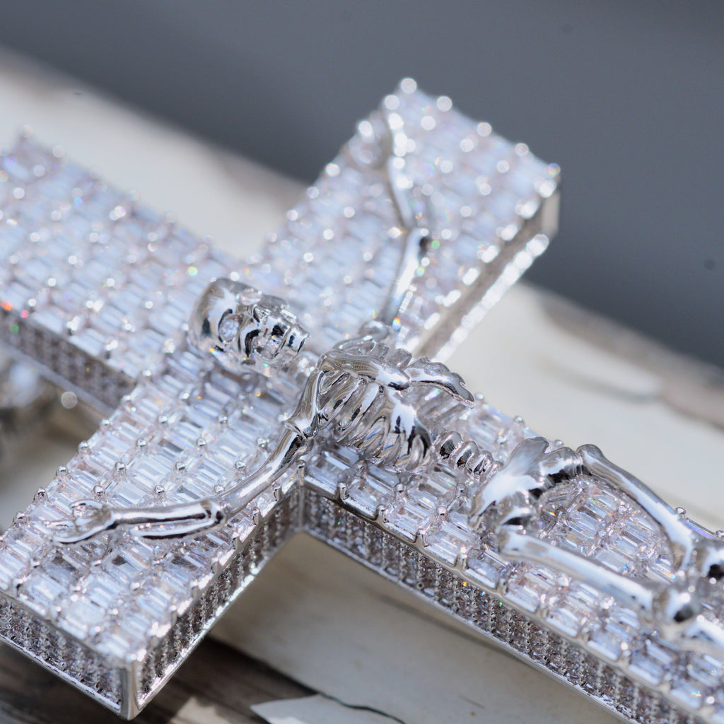 3D Skull Cross Baguette Solid Iced Necklace
