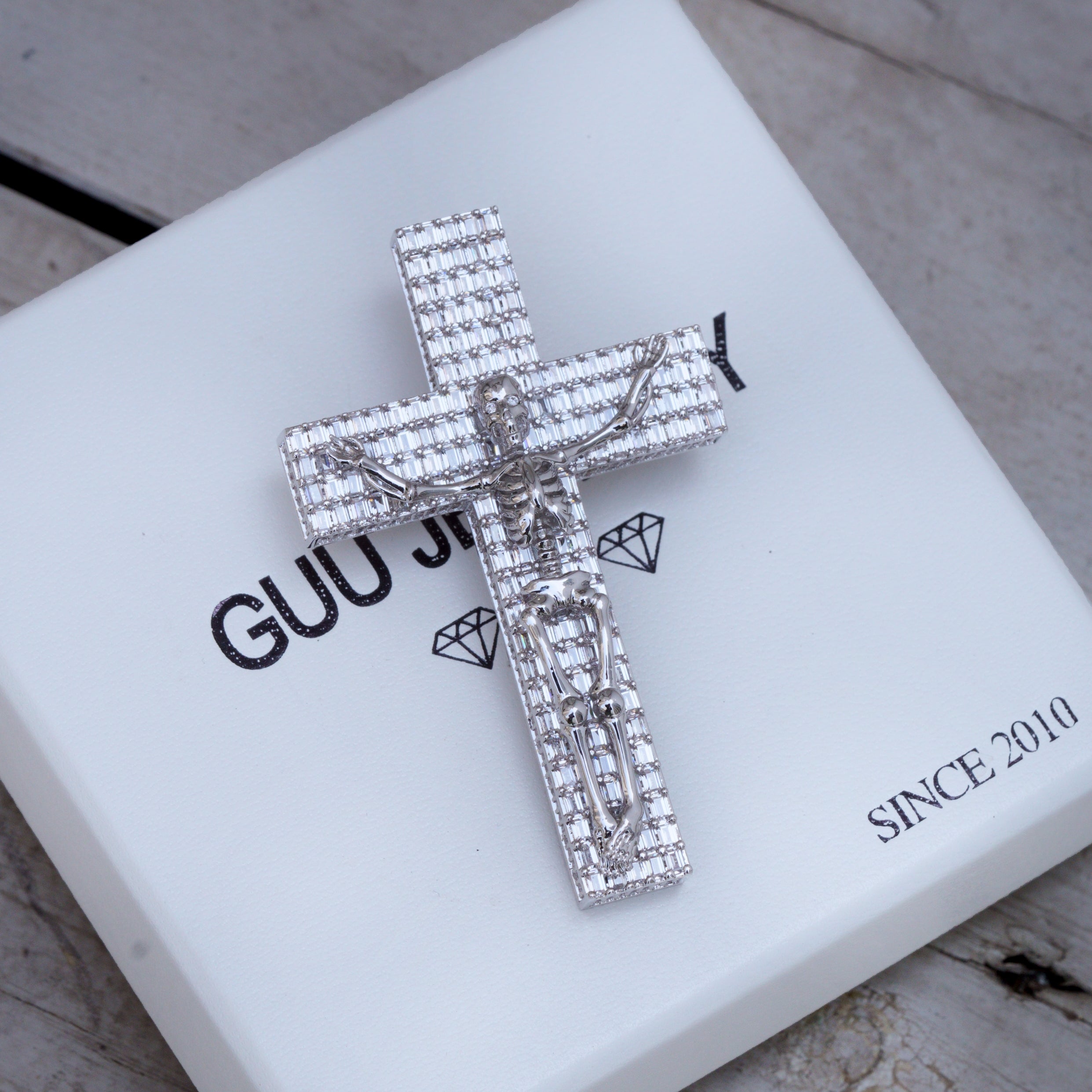 3D Skull Cross Baguette Solid Iced Necklace