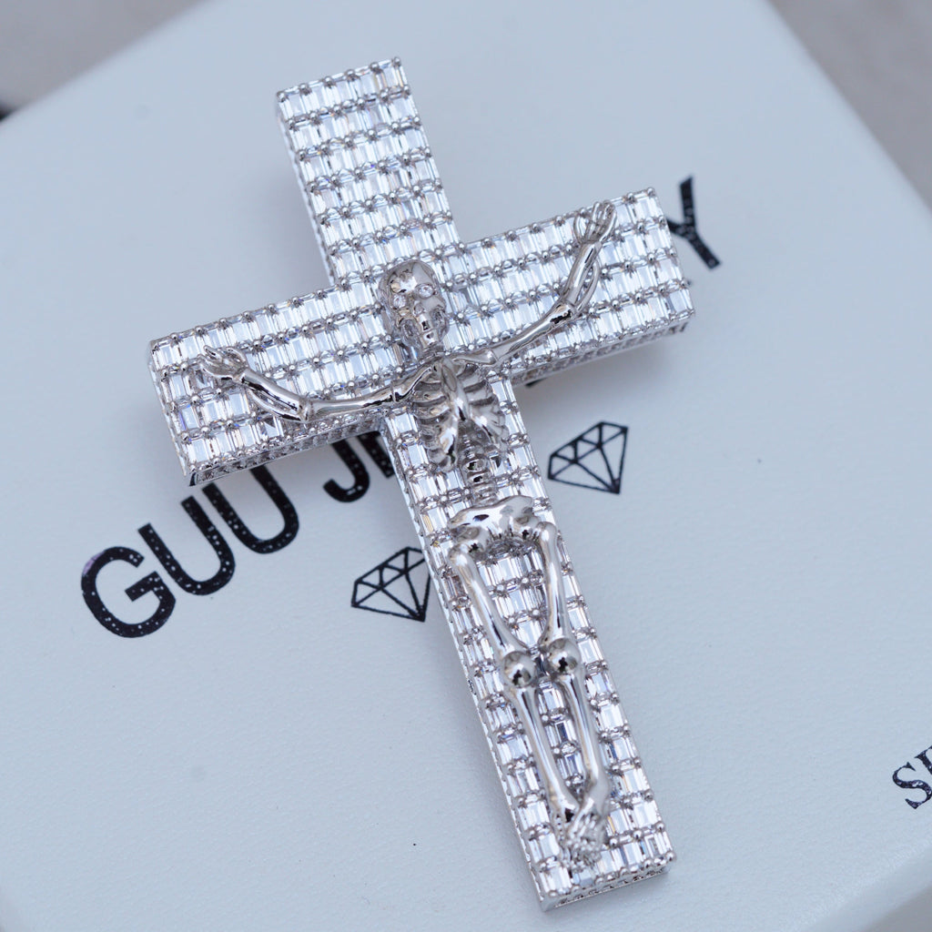 3D Skull Cross Baguette Solid Iced Necklace