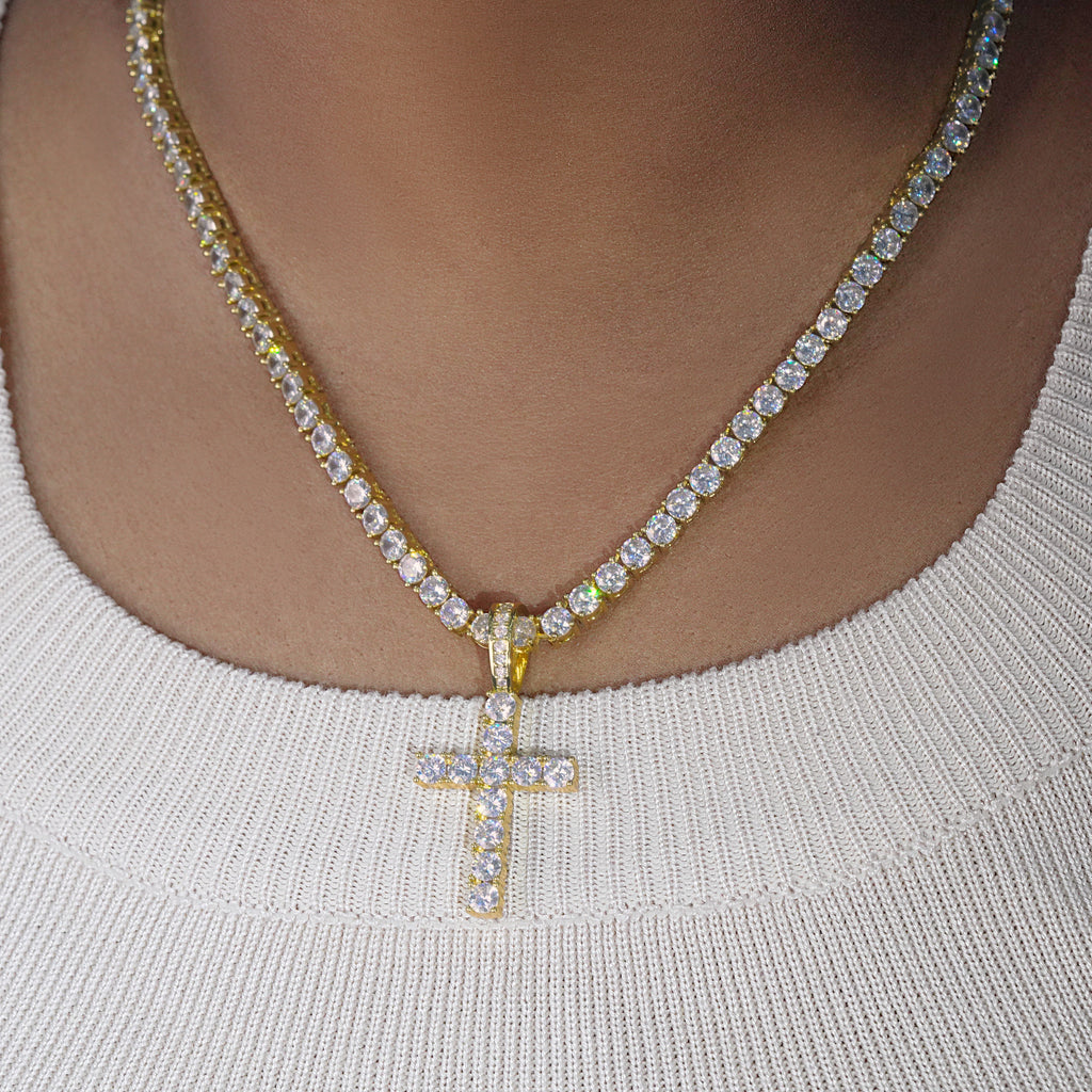 Bundle 18K Gold Iced Cross + 3mm Iced Tennis Chain