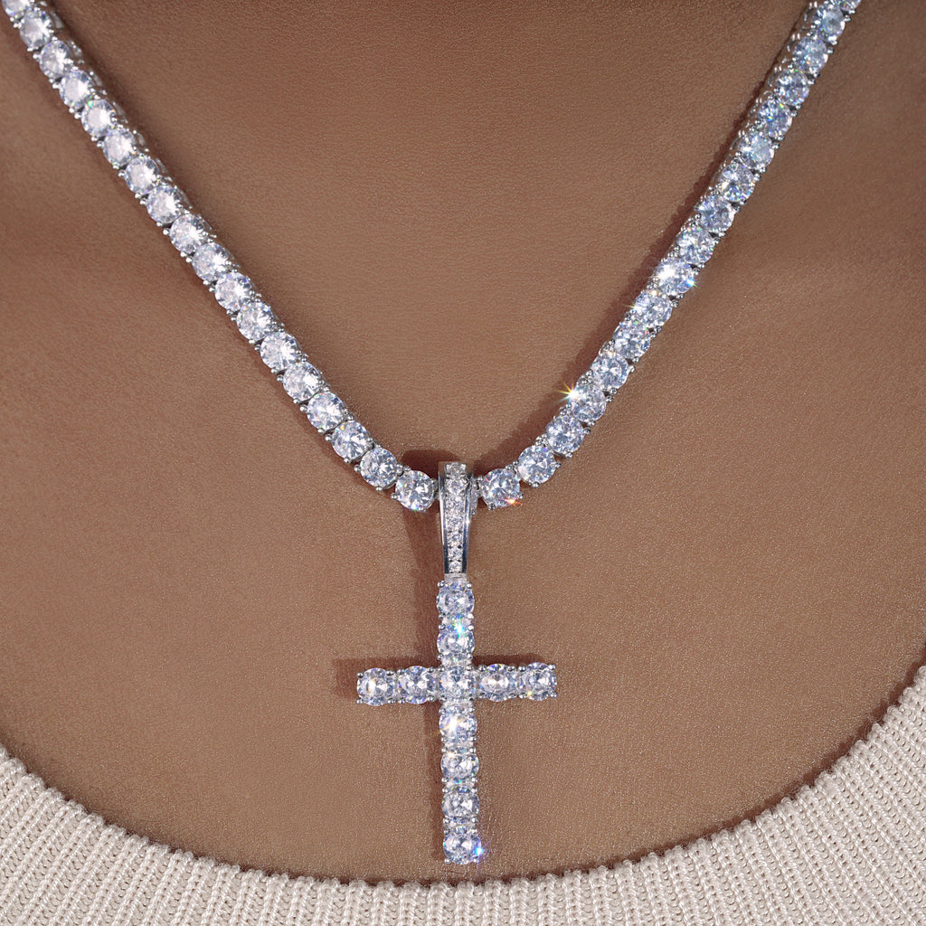 Bundle White Gold Iced Cross + 3mm Iced Tennis Chain