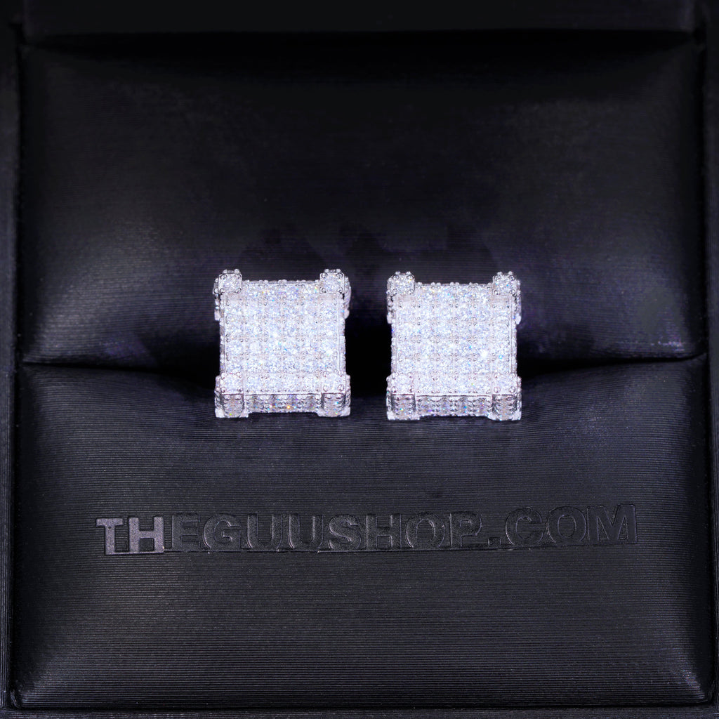 925s VVS Moissanite Iced 3D Cube Earrings In White Gold