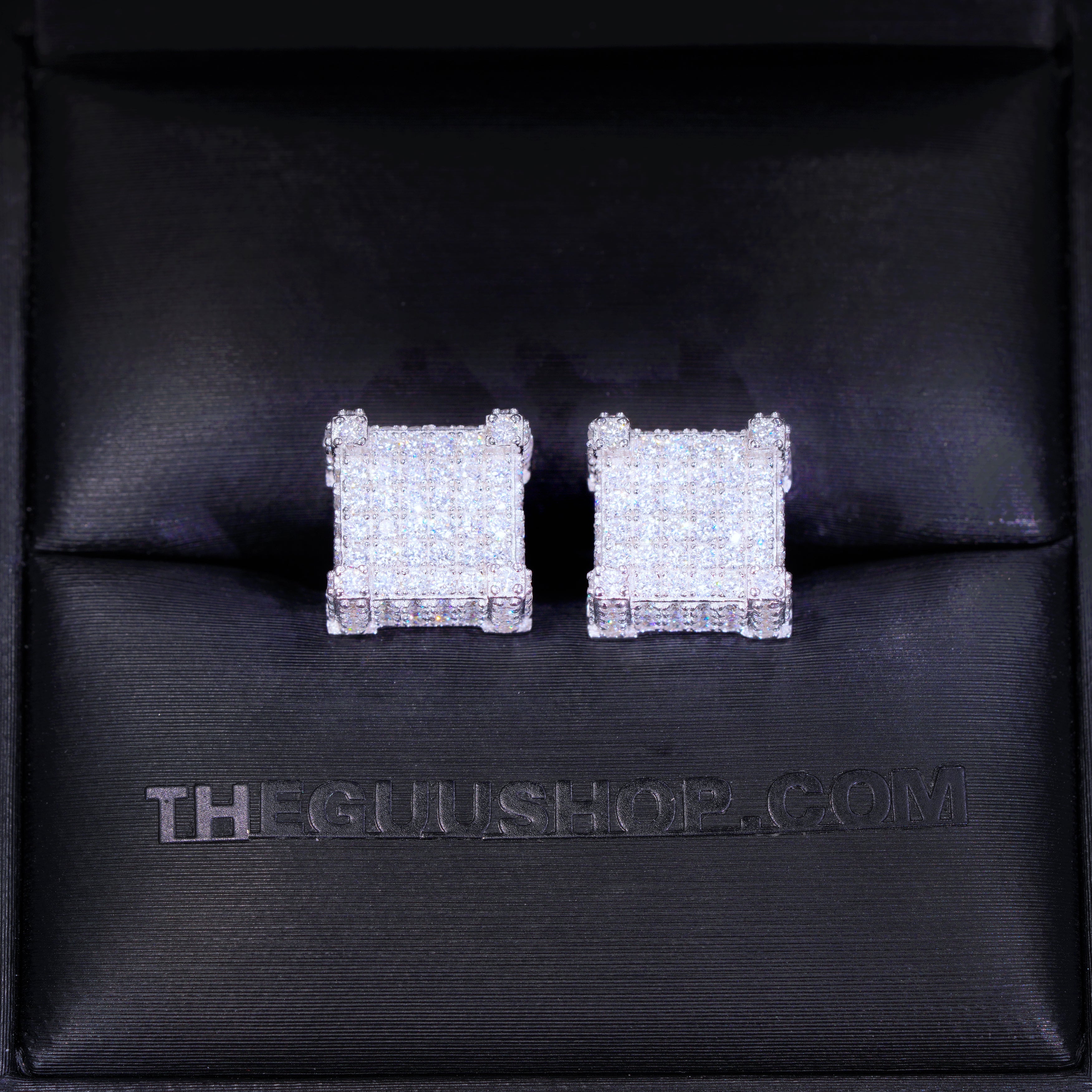925s VVS Moissanite Iced 3D Cube Earrings In White Gold