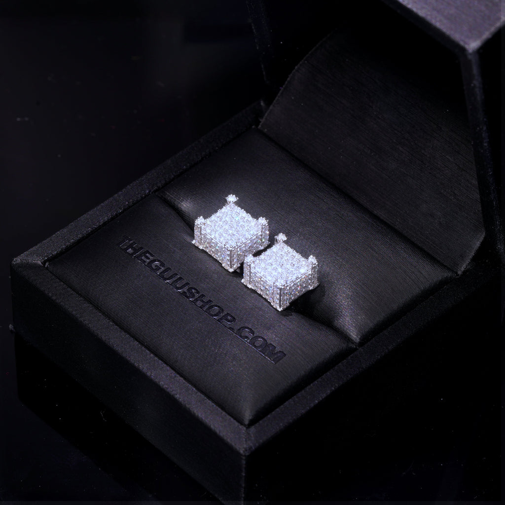 925s VVS Moissanite Iced 3D Cube Earrings In White Gold