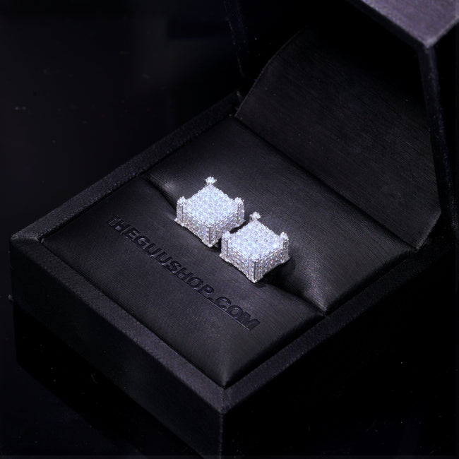 925s VVS Moissanite Iced 3D Cube Earrings In White Gold Hover Image