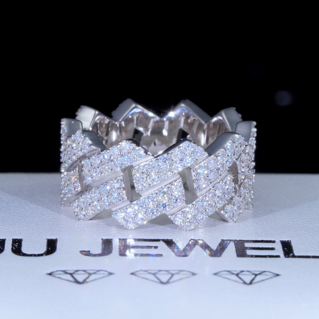 925S & VVS Moissanite Cuban Link Ring White Gold