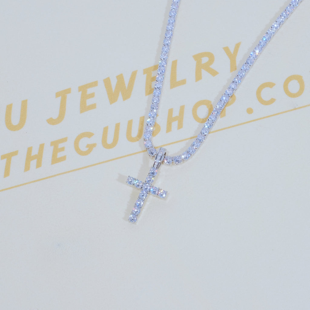 Bundle White Gold Diamond Cross + 4mm Diamond Tennis Chain