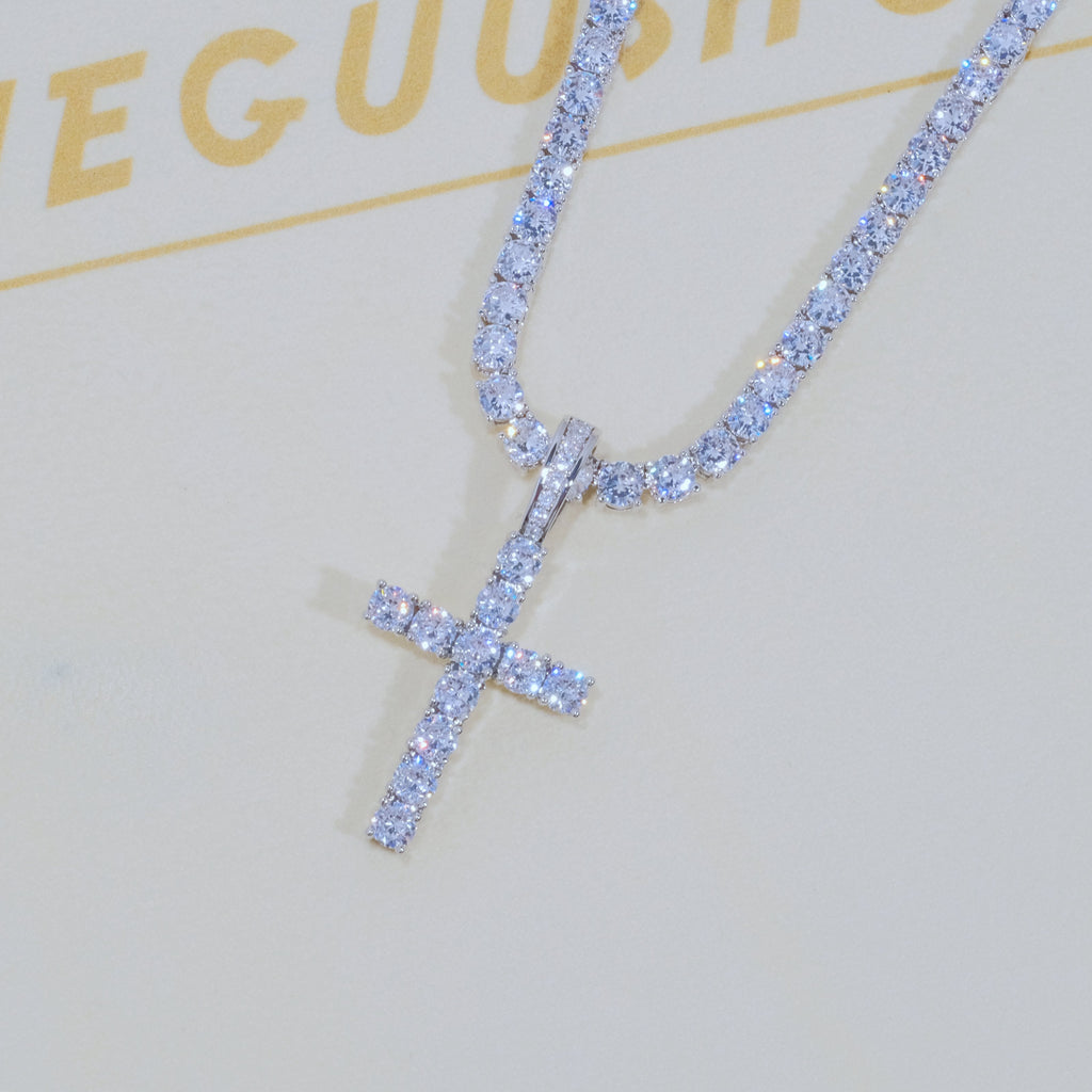 Bundle White Gold Diamond Cross + 4mm Diamond Tennis Chain
