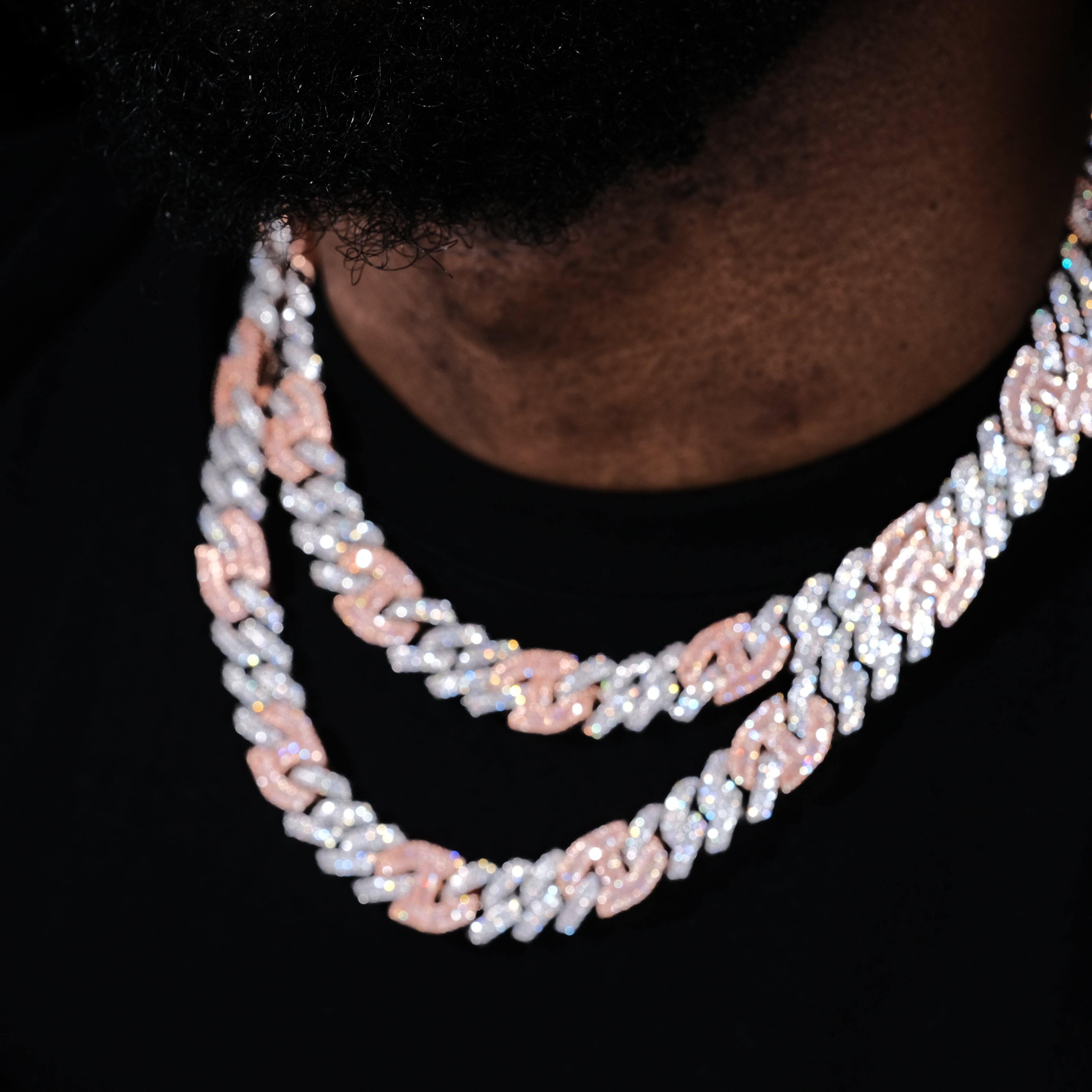 Iced Prong Link Choker (12mm) in White&Pink