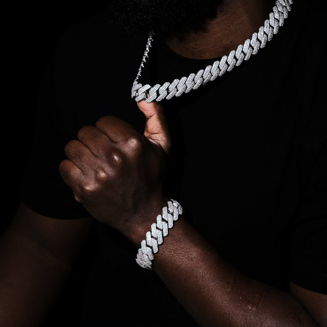 19MM 3Row Prong Cuban Link Necklace + Bracelet Bundle In WhiteGold Main Image