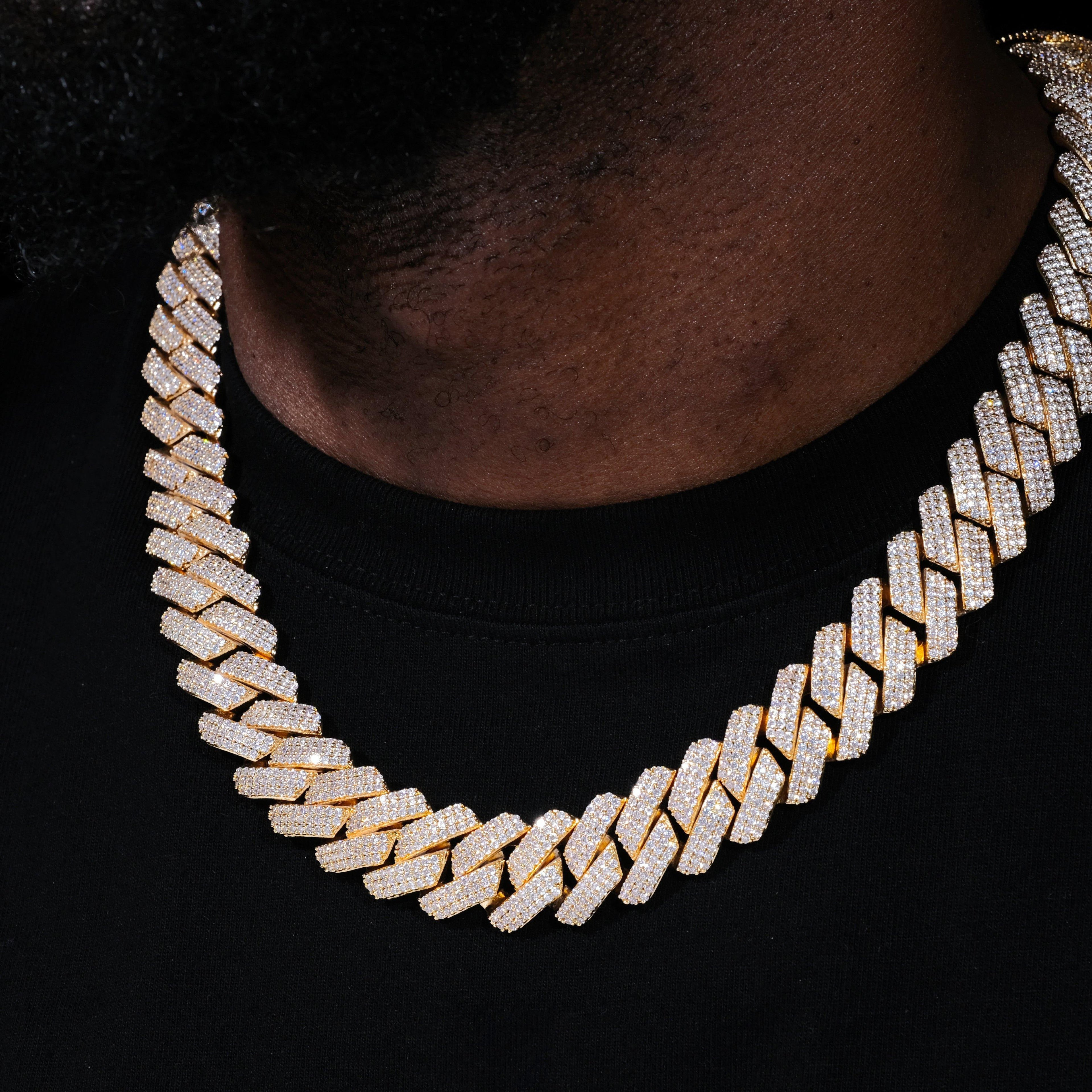 19MM 3Row Prong Cuban Link Necklace + Bracelet Bundle In 18K Gold