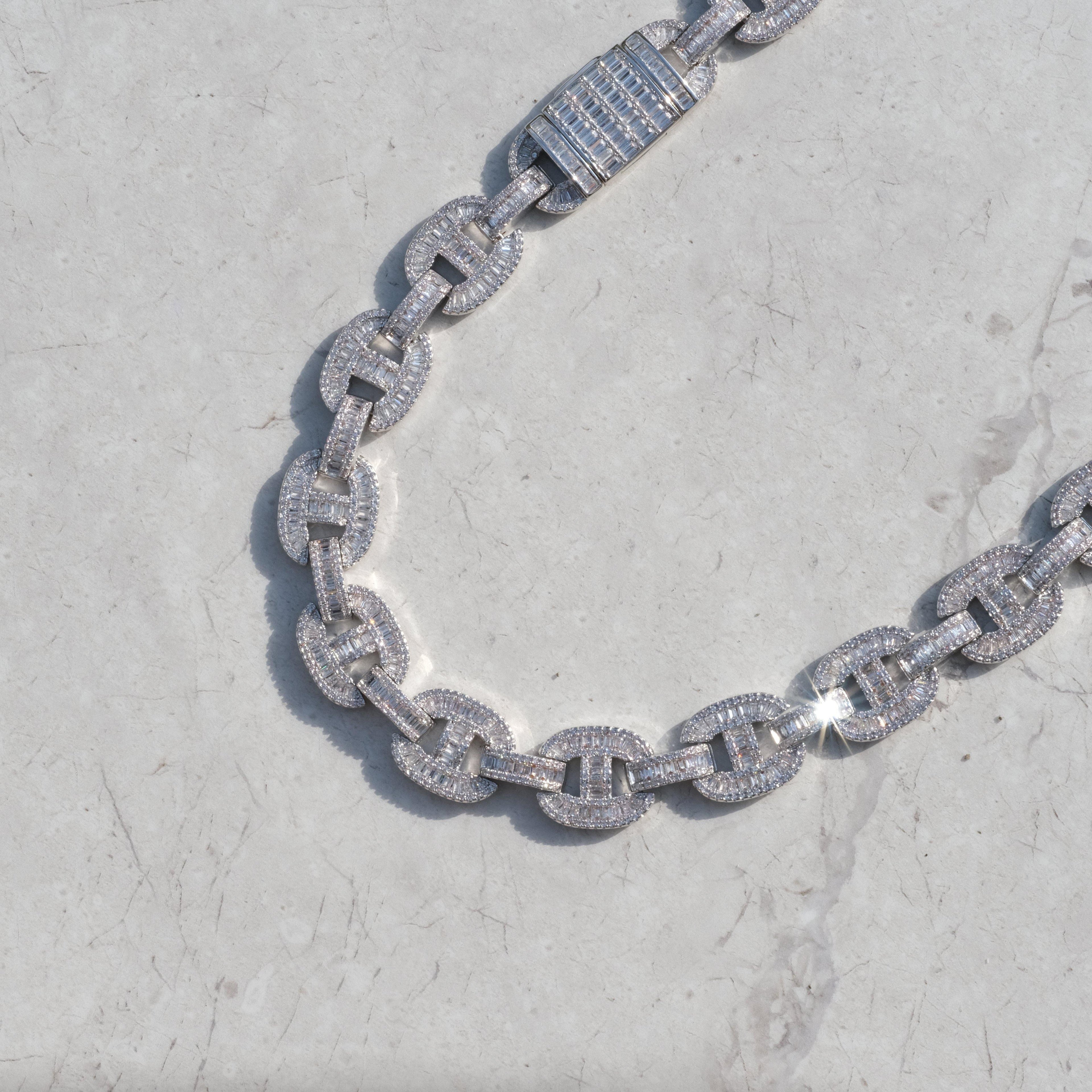 15mm Baguette Mariner Chain White Gold