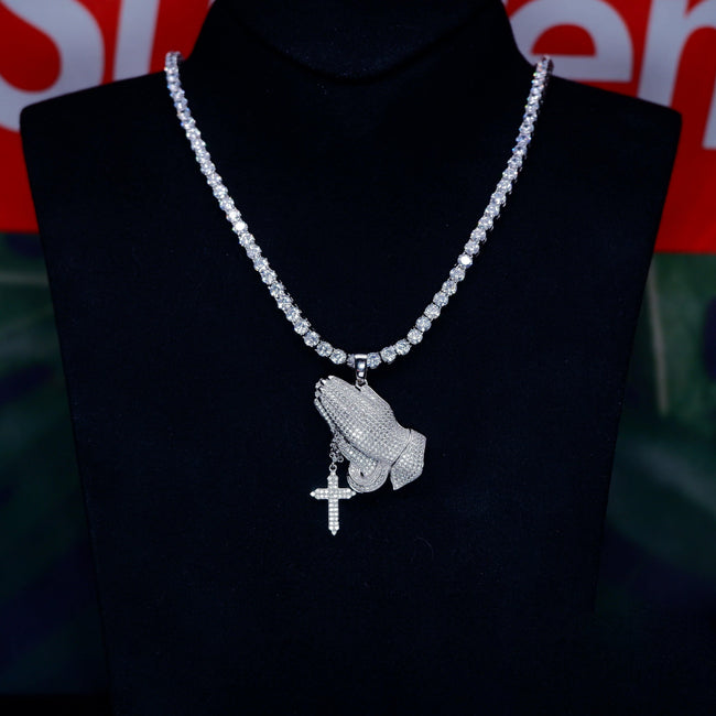 S925 Silver Iced  Praying hand BlingBling Pendant In WhiteGold-Plated Hover Image