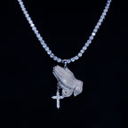 S925 Silver Iced  Praying hand BlingBling Pendant In WhiteGold-Plated