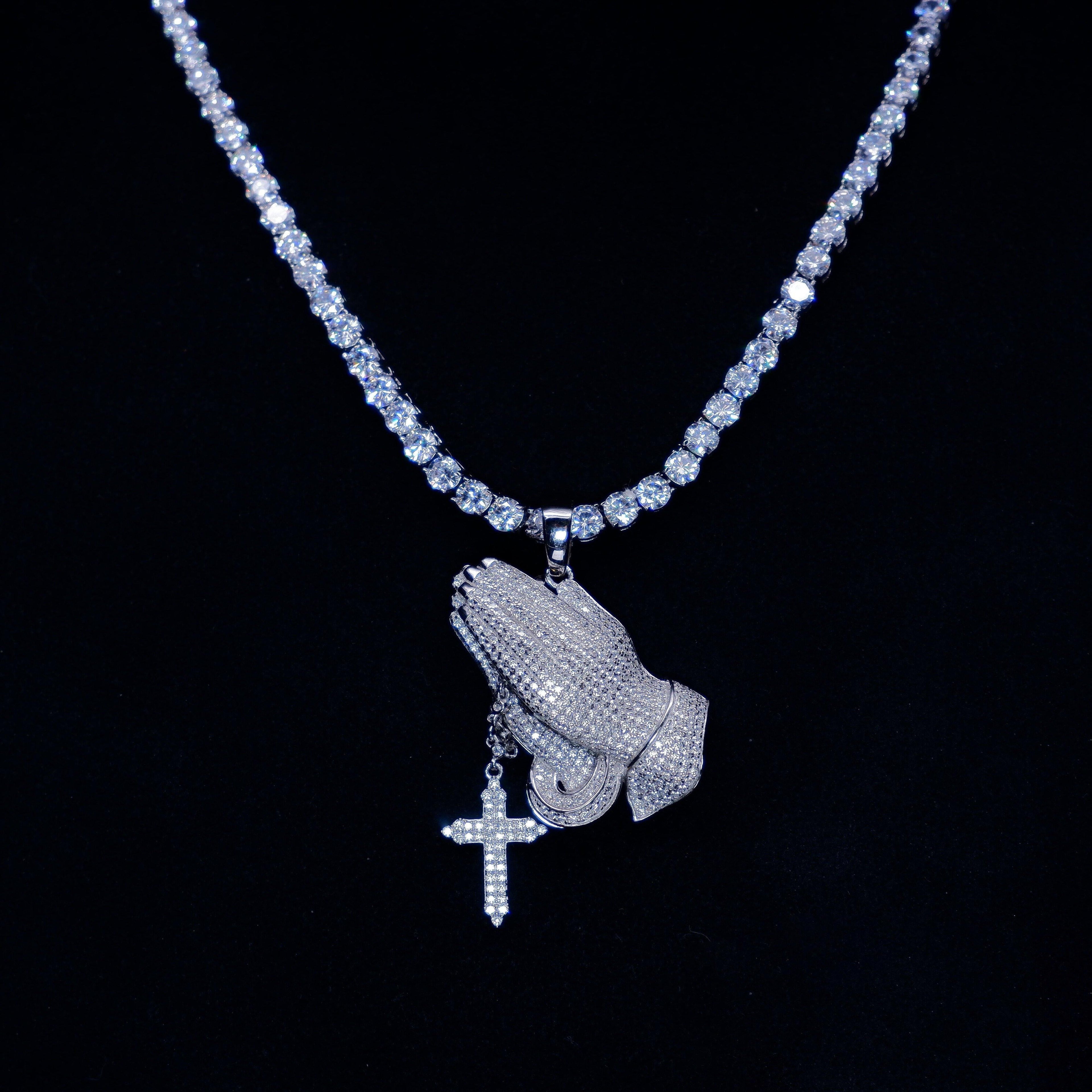 S925 Silver Iced  Praying hand BlingBling Pendant In WhiteGold-Plated