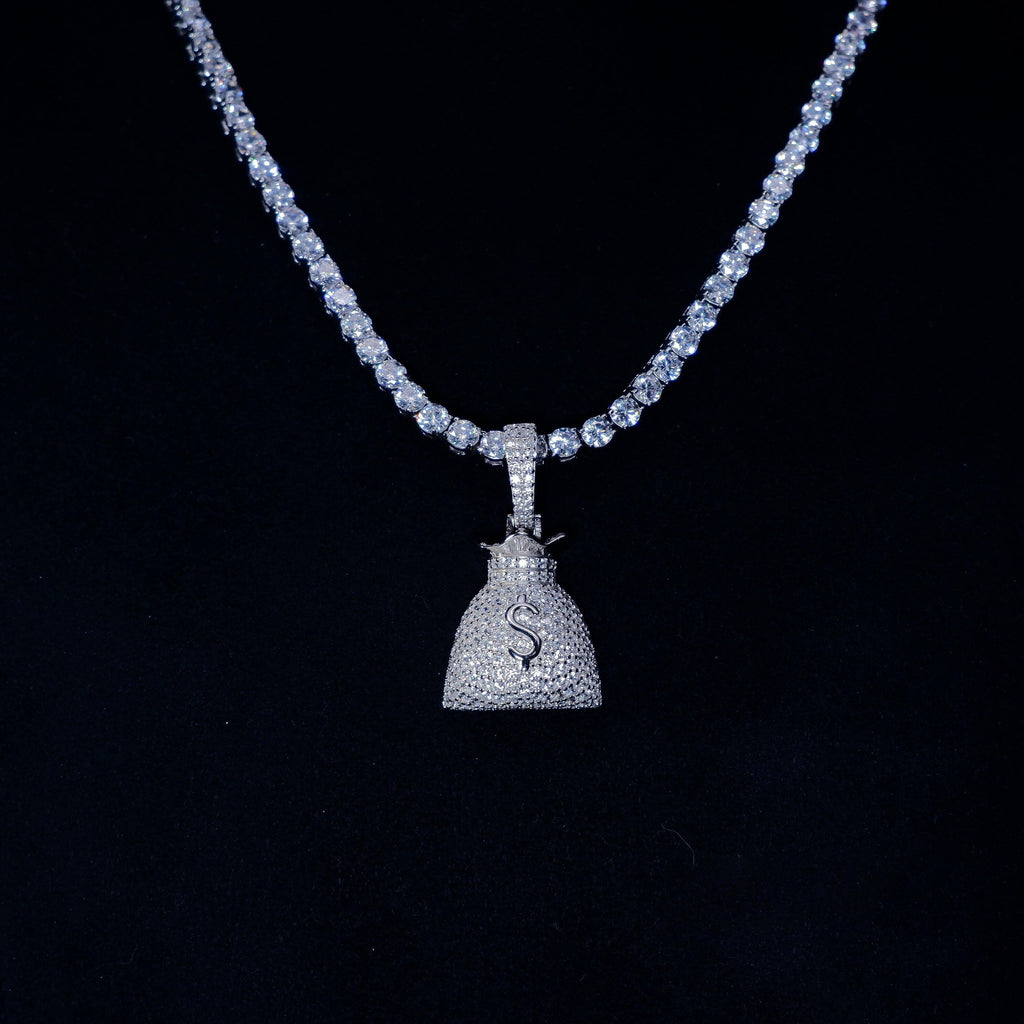 S925 Silver Money purse BlingBling Iced  Pendant In WhiteGold-Plated