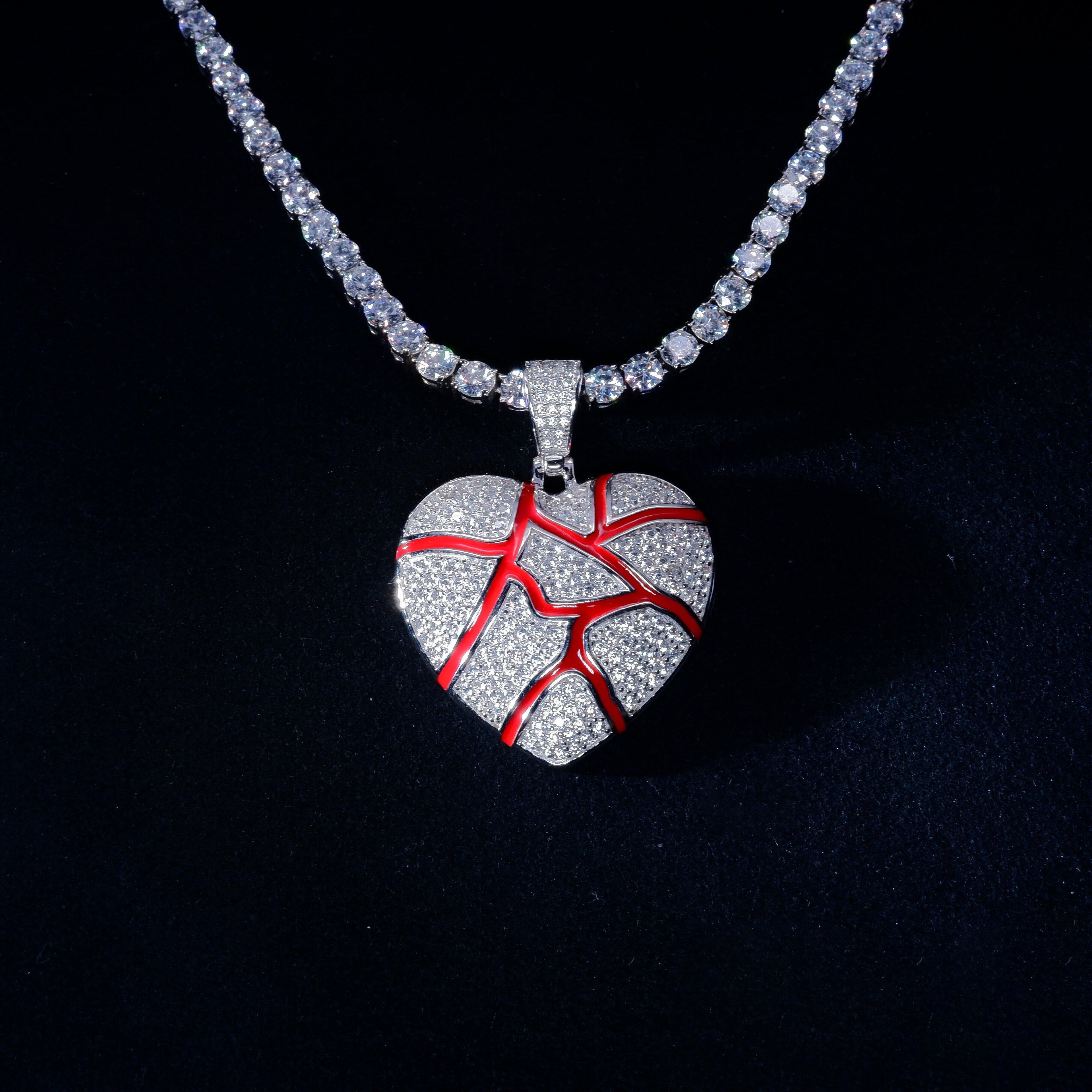 S925 Silver Diamond Cracked heart BlingBling Iced Pendant In WhiteGold-Plated