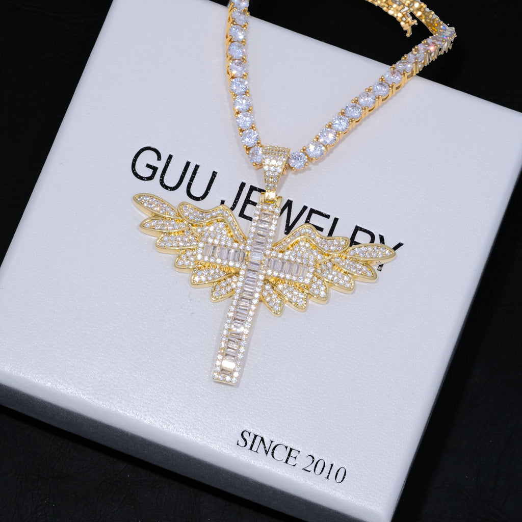 Baguette Iced Cross With Wing Necklace