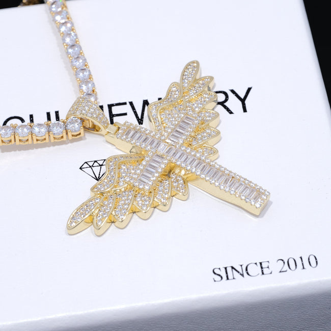 Baguette Iced Cross With Wing Necklace Hover Image