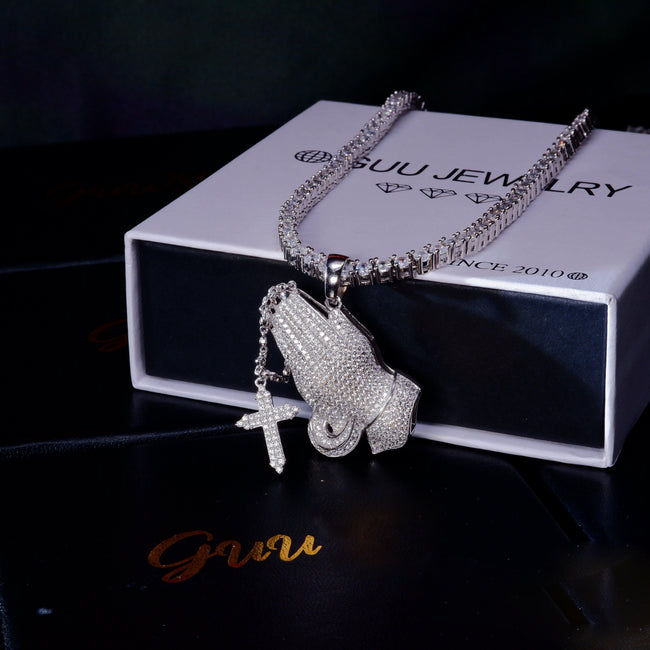 S925 Silver Iced  Praying hand BlingBling Pendant In WhiteGold-Plated Main Image
