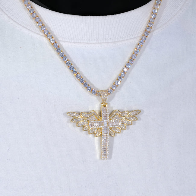 Baguette Iced Cross With Wing Necklace Main Image