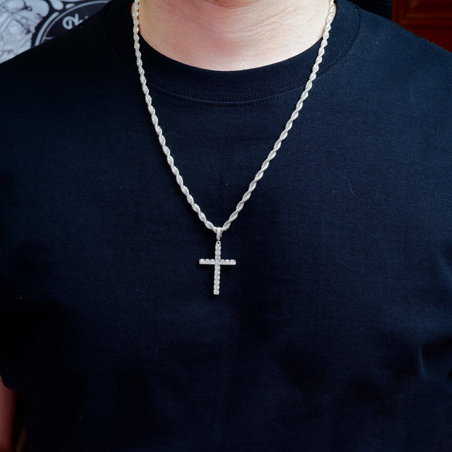 S925 Silver Iced  Round diamond Cross BlingBling Pendant In Gold-Plated Hover Image
