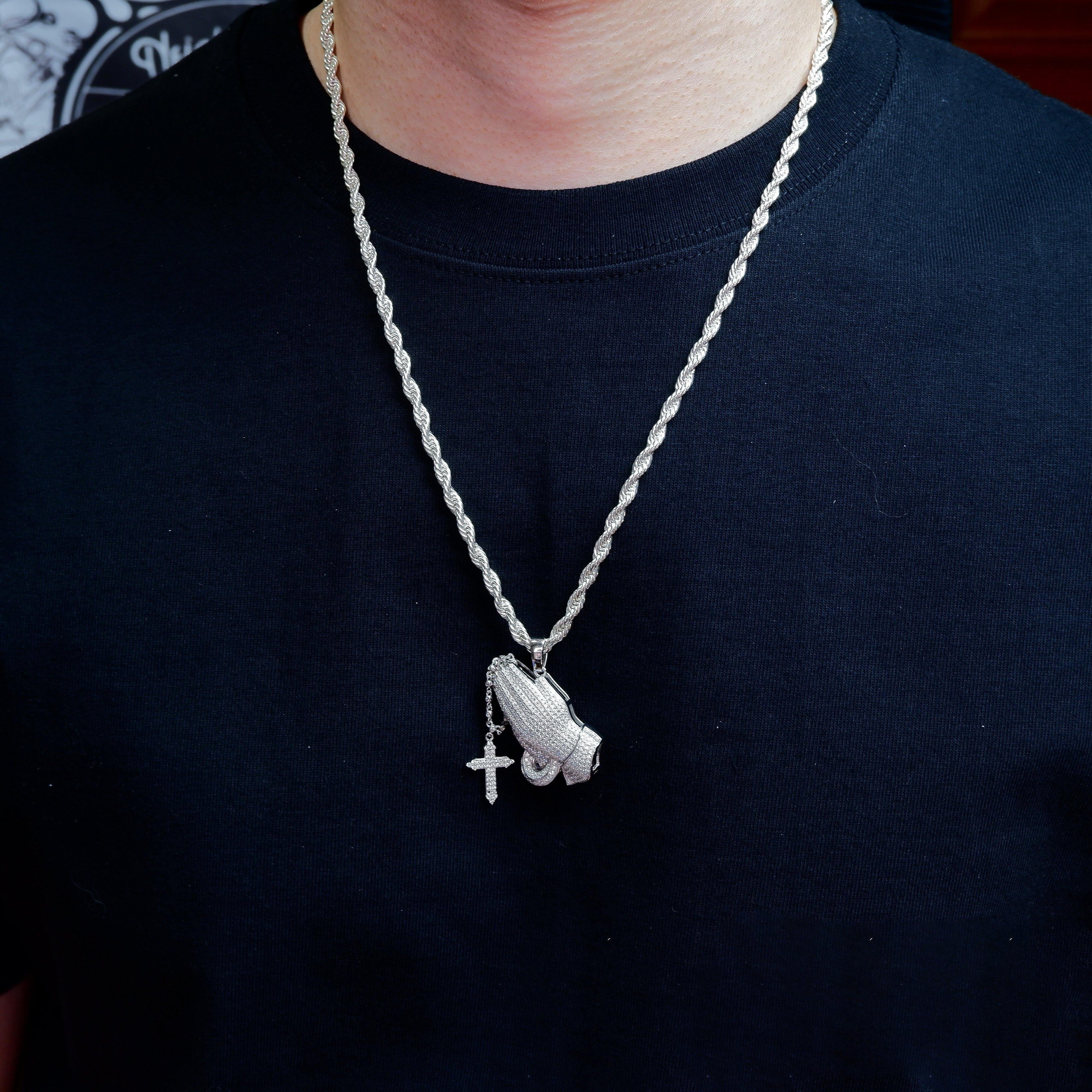 S925 Silver Iced  Praying hand BlingBling Pendant In WhiteGold-Plated