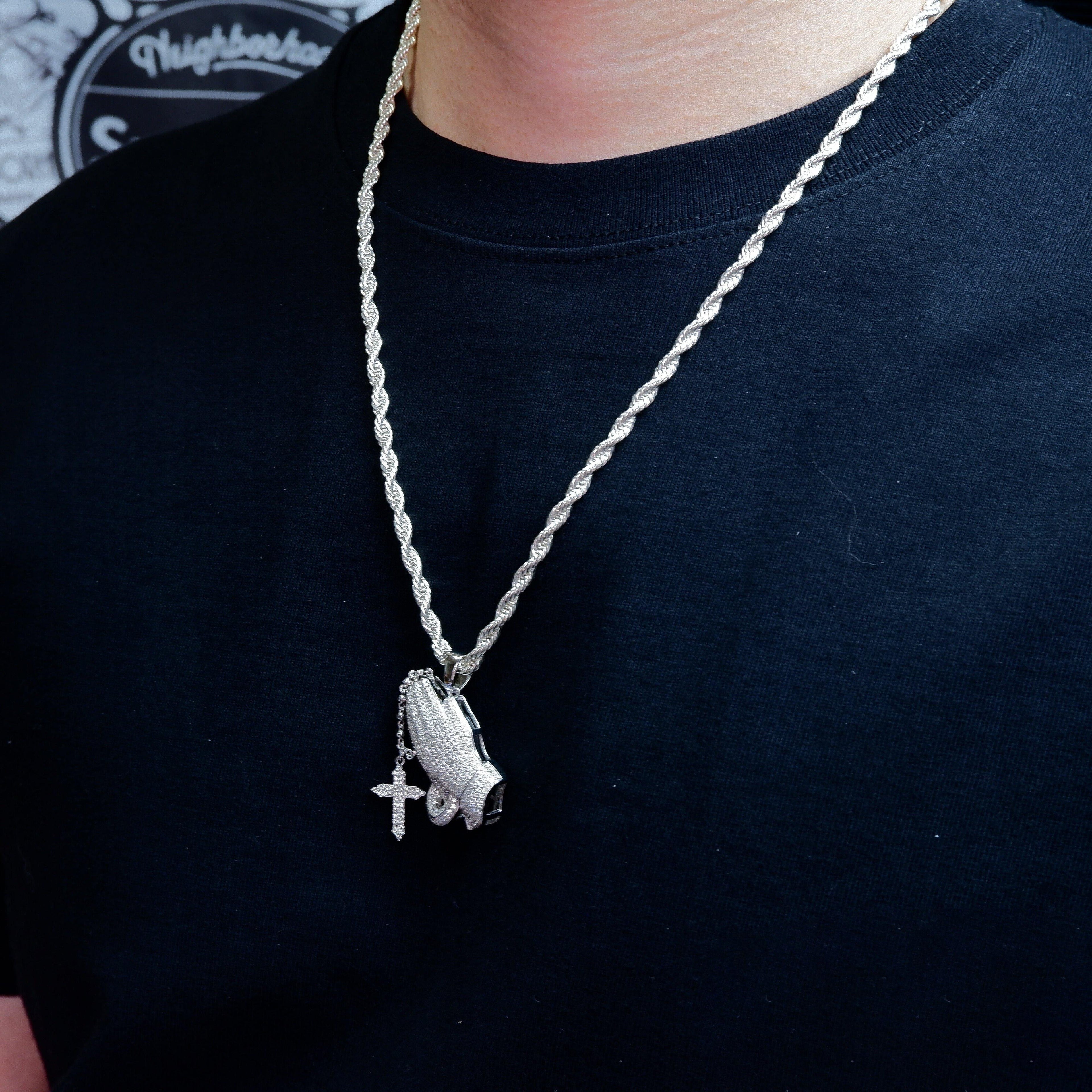 S925 Silver Iced  Praying hand BlingBling Pendant In WhiteGold-Plated
