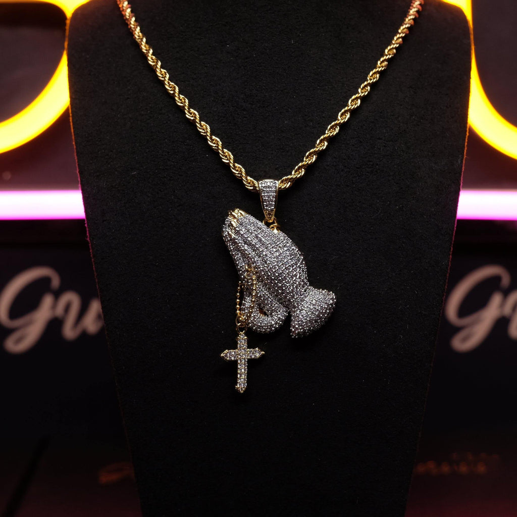 Iced Two-tone Prayer Gesture Cross Hip Hop Pendant Jewelry