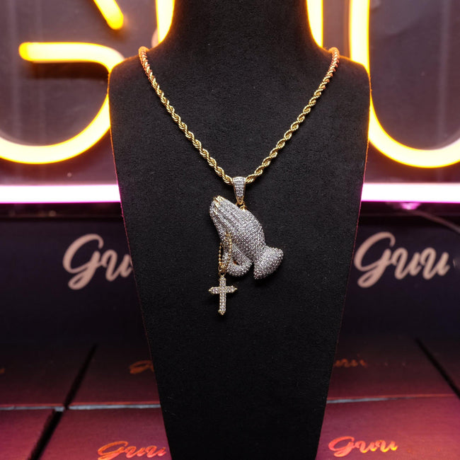 Iced Two-tone Prayer Gesture Cross Hip Hop Pendant Jewelry Main Image