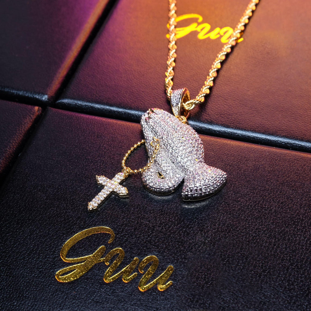 Iced Two-tone Prayer Gesture Cross Hip Hop Pendant Jewelry