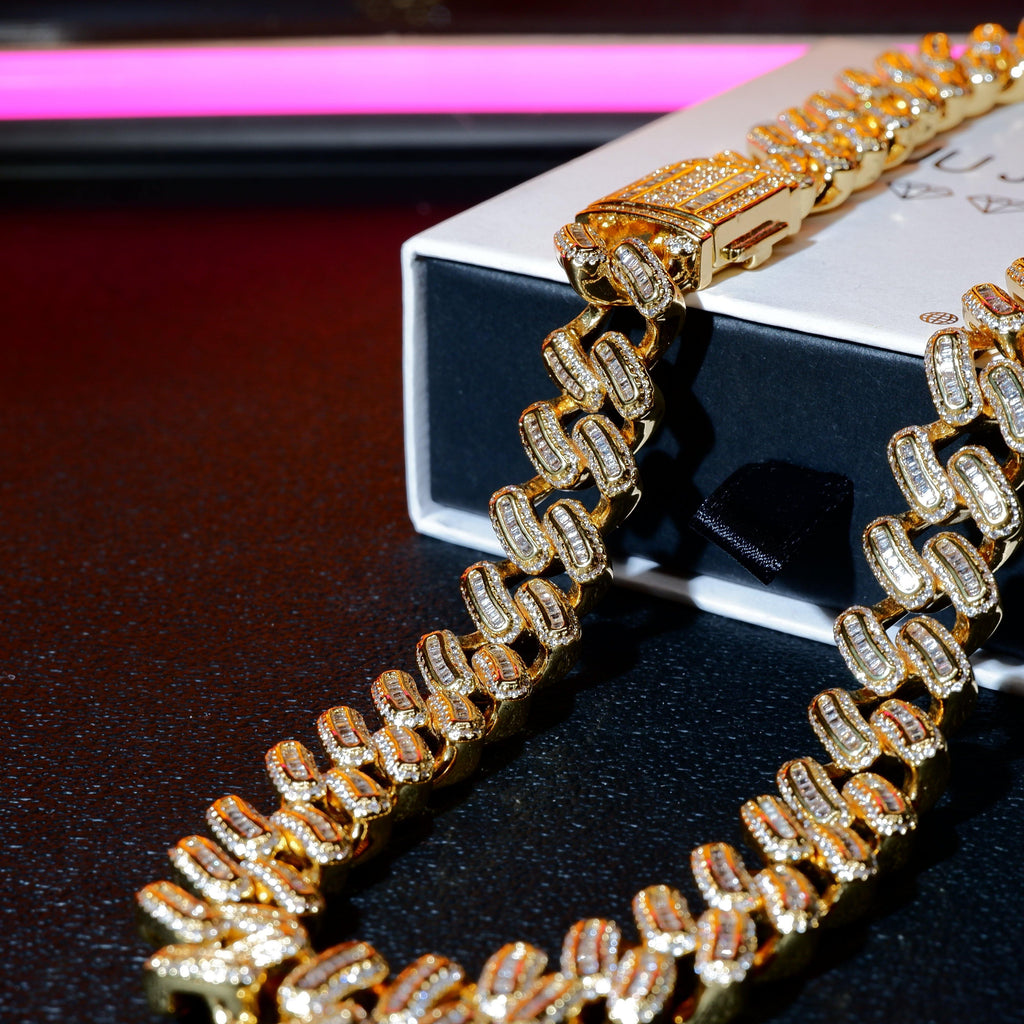 15mm 18K White/Gold-Plated BlingBling Baguette Iced Cuban Chain