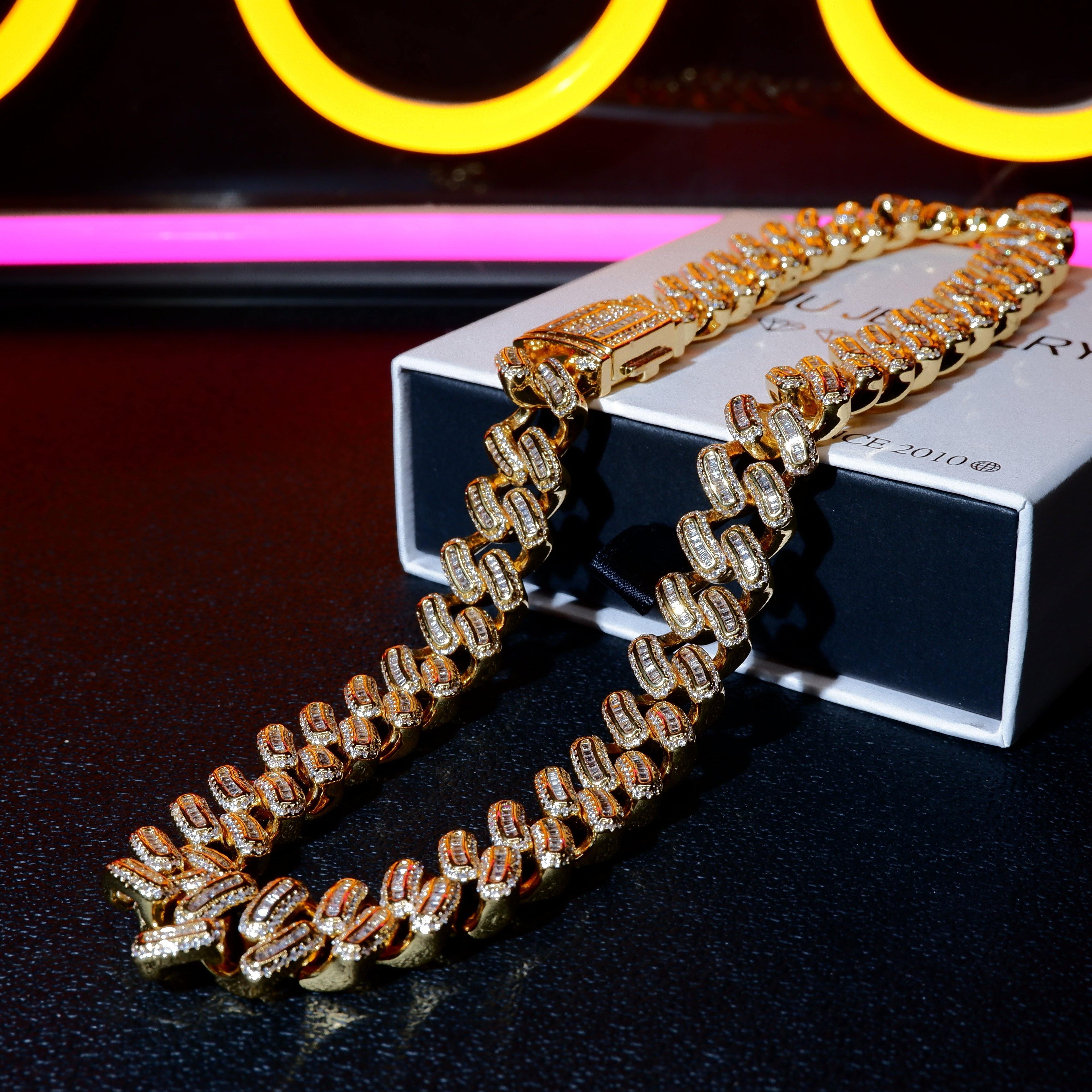 15mm 18K White/Gold-Plated BlingBling Baguette Iced Cuban Chain
