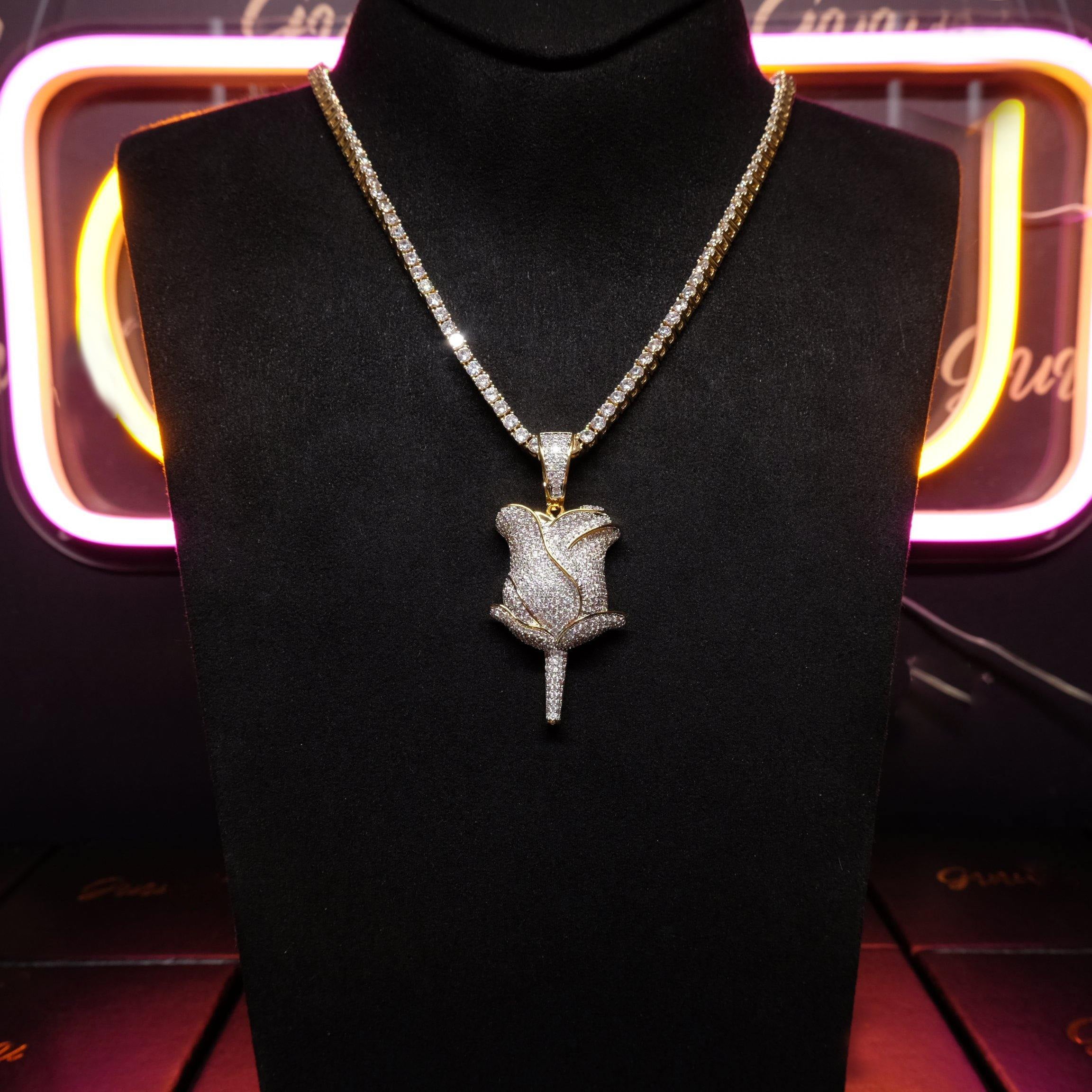 30mm  Iced Gold-Plated CZ  Rose Pendant & Cuban Link Chain