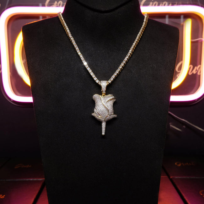 30mm  Iced Gold-Plated CZ  Rose Pendant & Cuban Link Chain Main Image