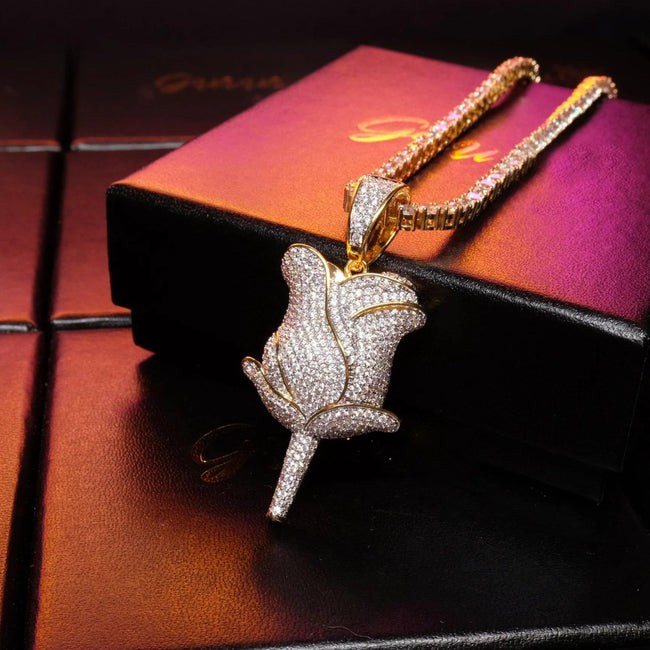 30mm  Iced Gold-Plated CZ  Rose Pendant & Cuban Link Chain Hover Image