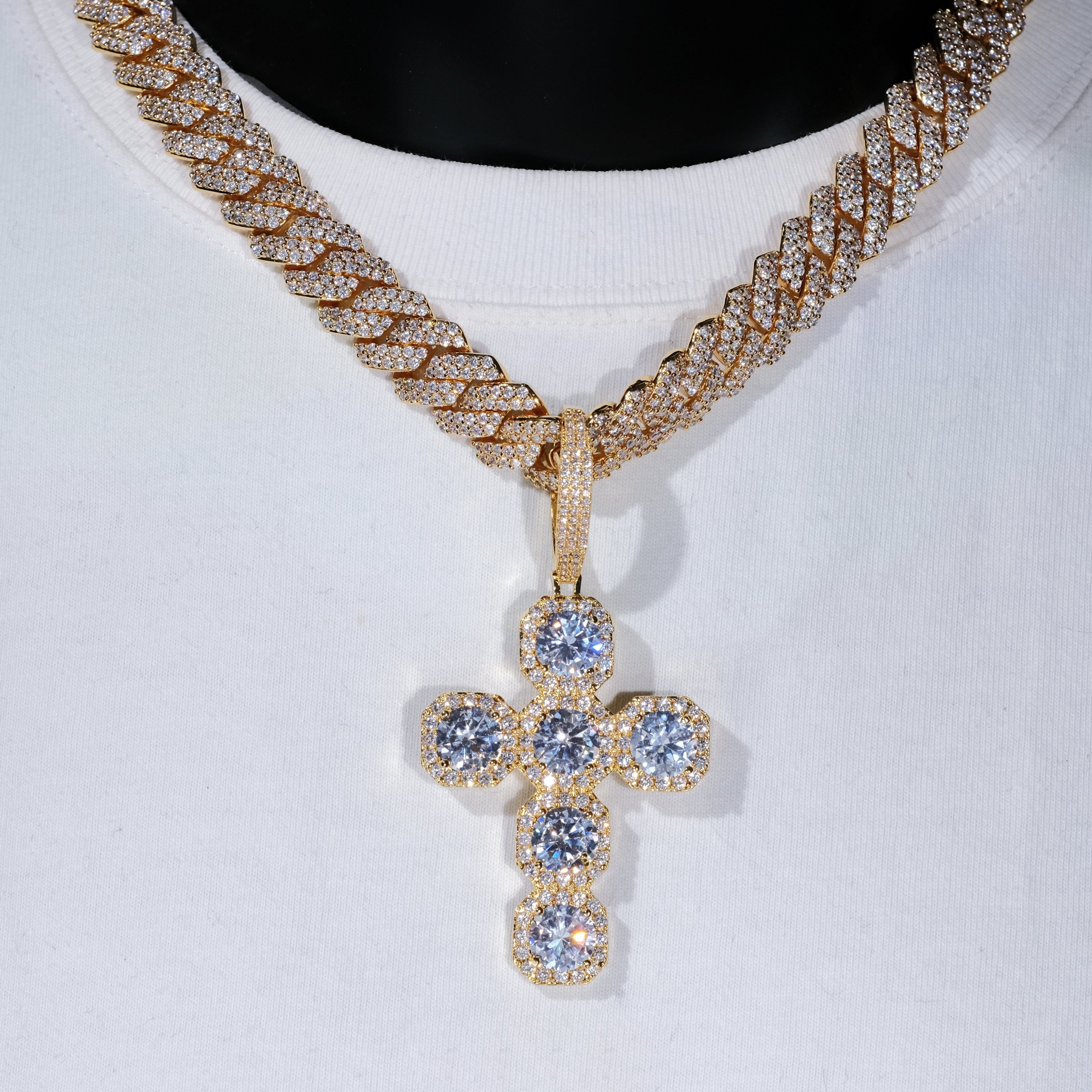 Iced Large Gemstone Cross Necklace